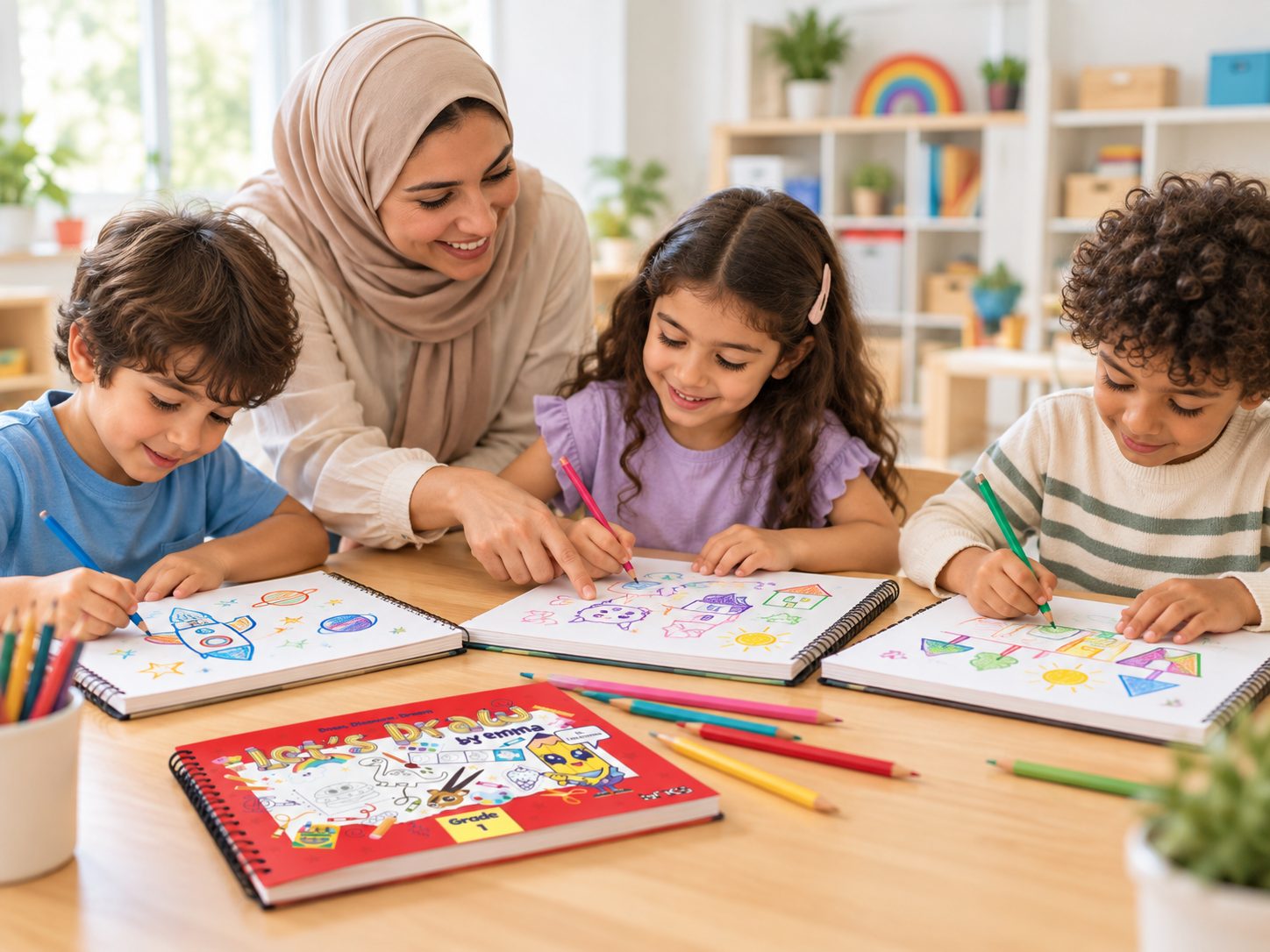 A teacher guides three young children drawing in their Let's Draw by Emma books