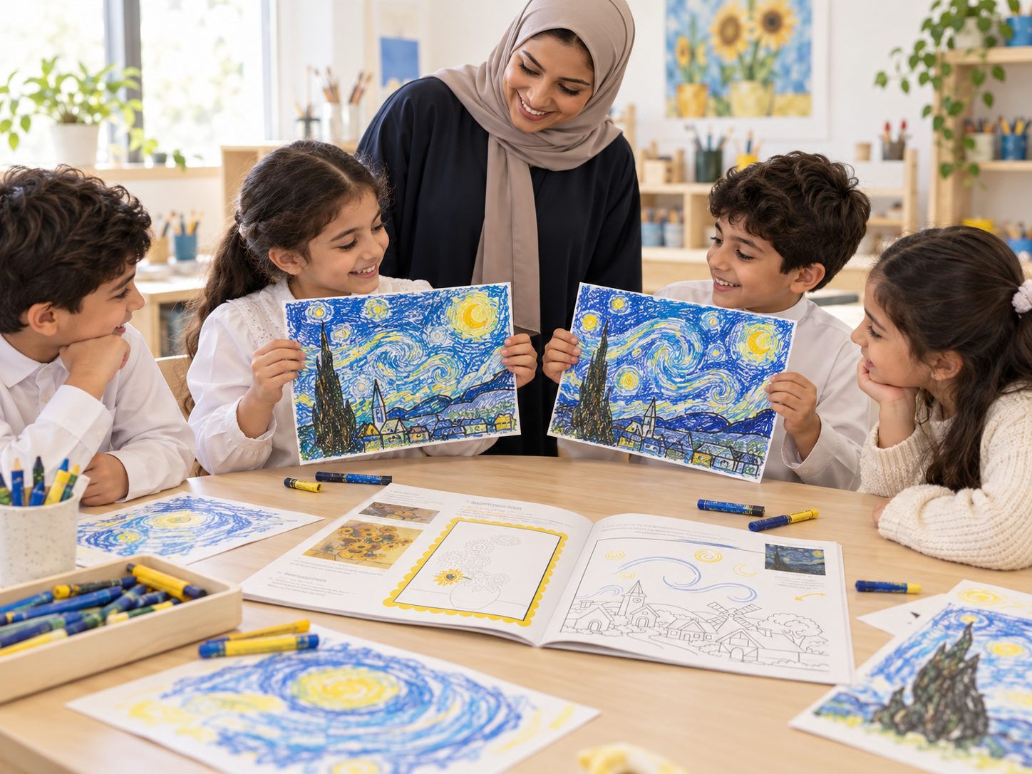 Children share their night-sky drawings with their teacher