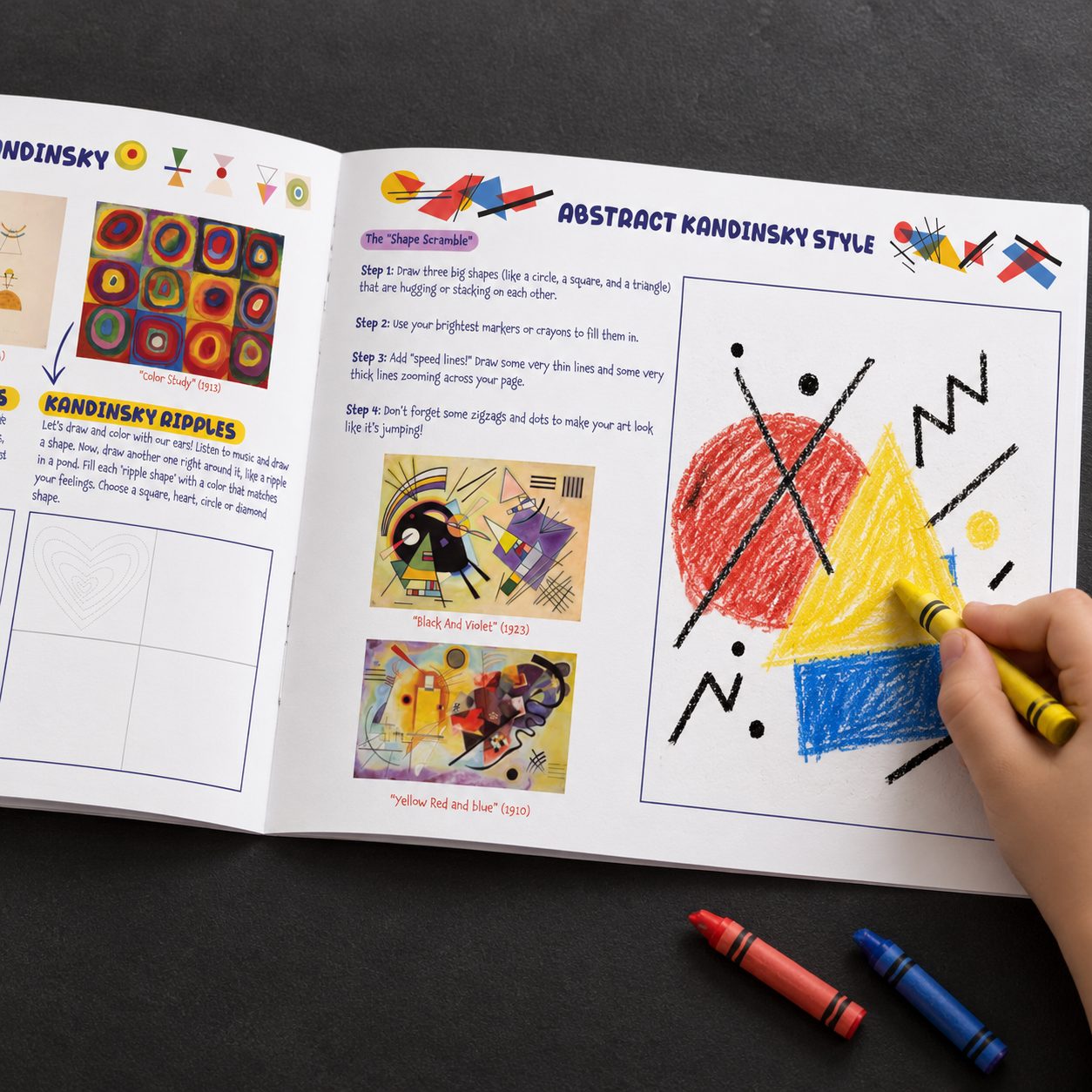 A child colours Kandinsky-inspired shapes in Let's Draw by Emma: Famous Art Styles