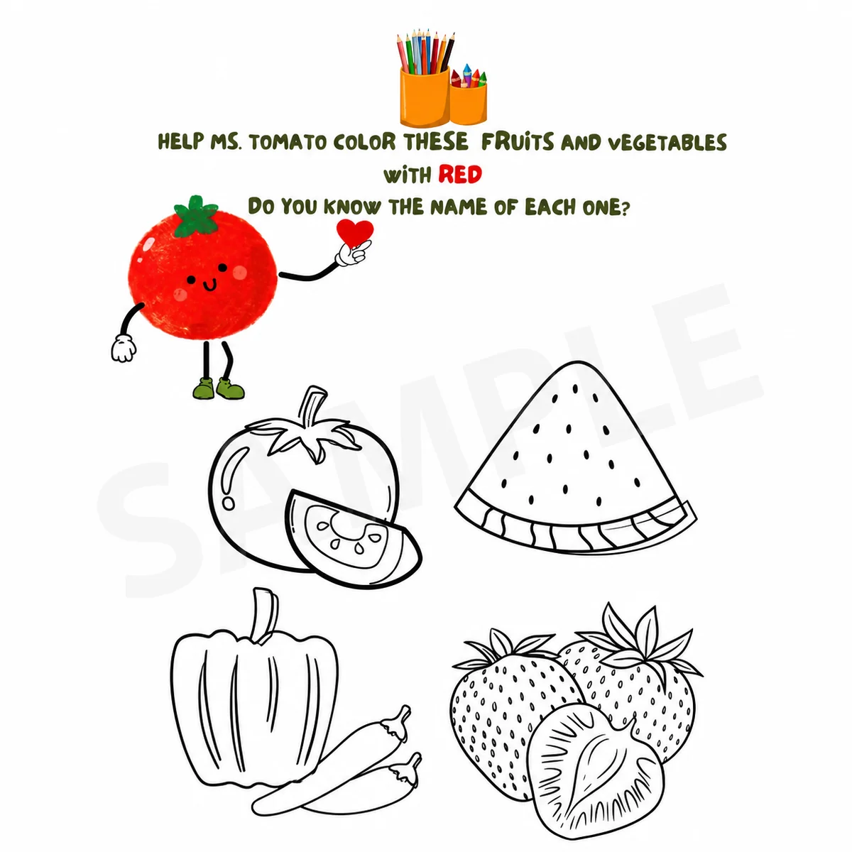 Sample page: colour the red fruits and vegetables