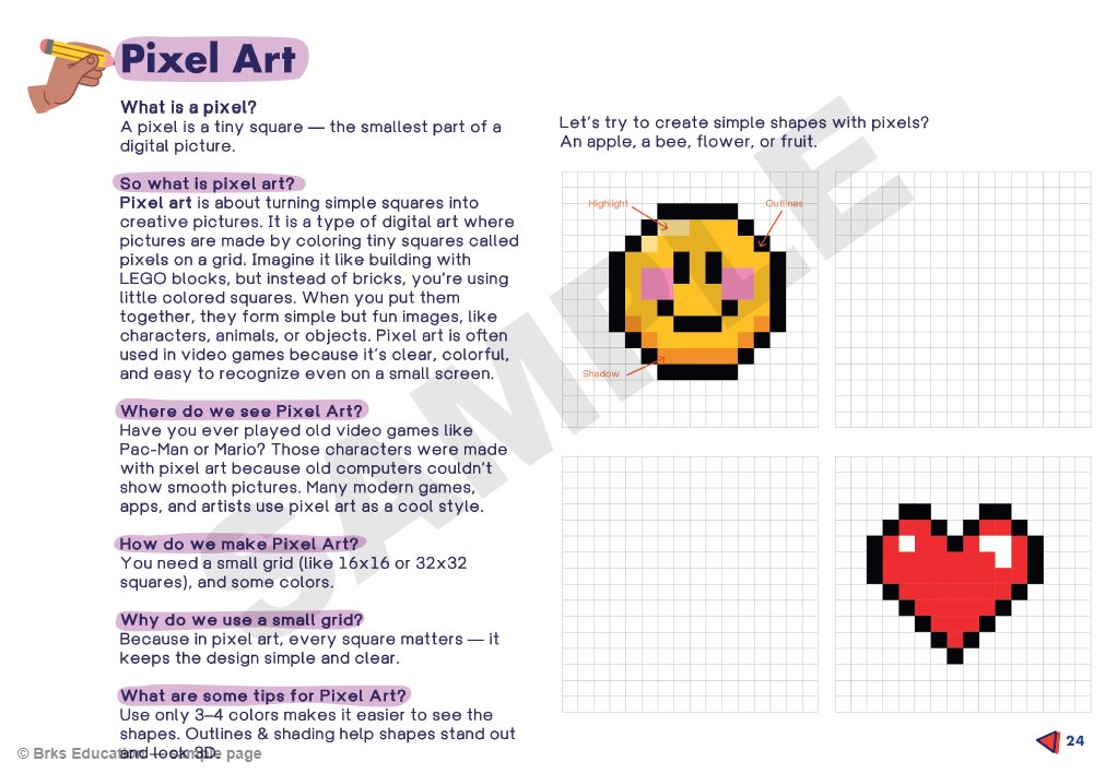 Grade 6 sample page: Pixel Art — what a pixel is and a grid to practise on