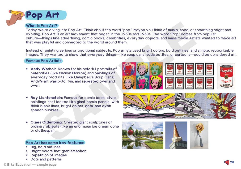 Grade 6 sample page: Pop Art — Warhol, Lichtenstein and Oldenburg