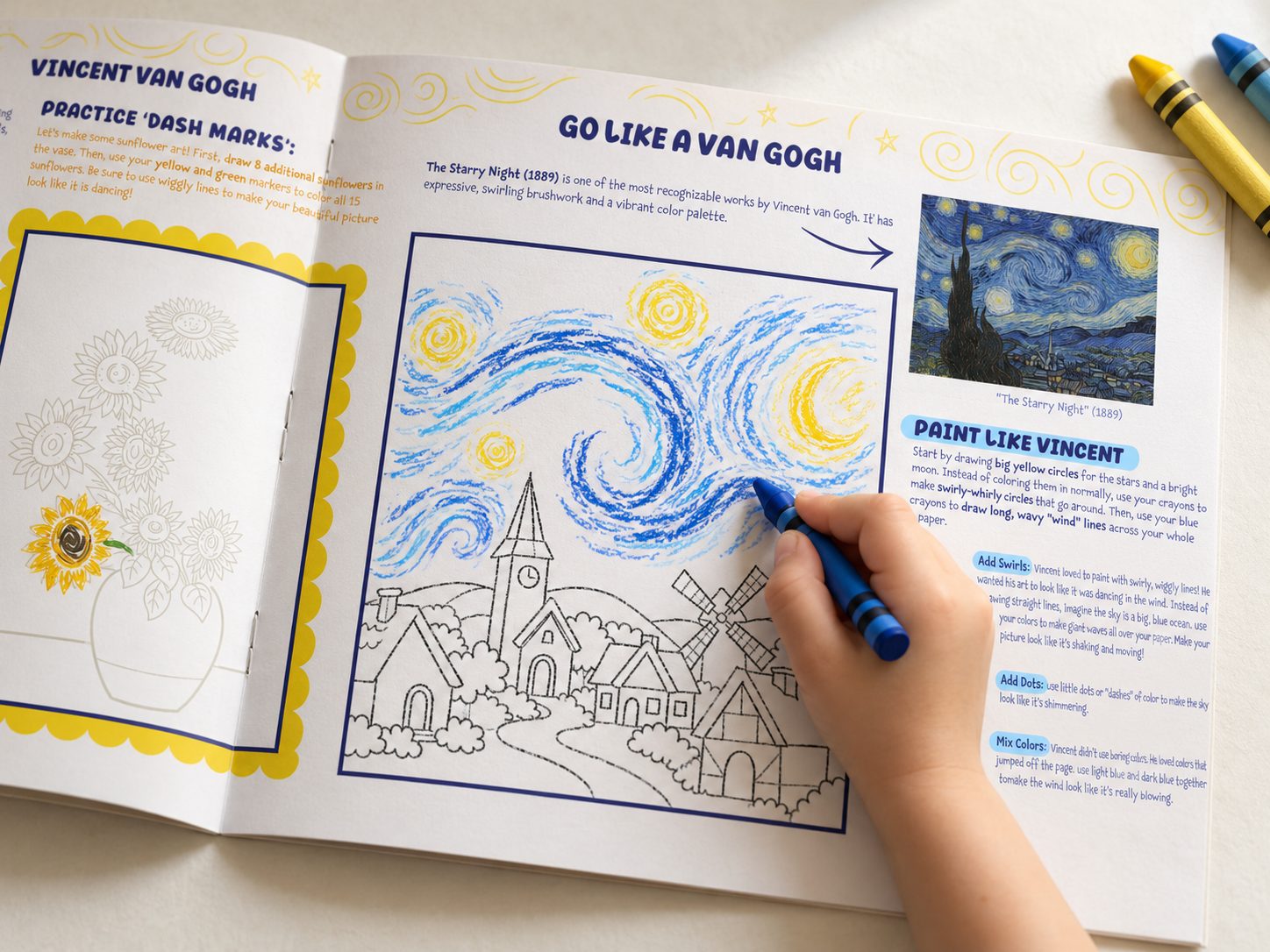 A child colours a Van Gogh activity in Let's Draw by Emma: Famous Art Styles